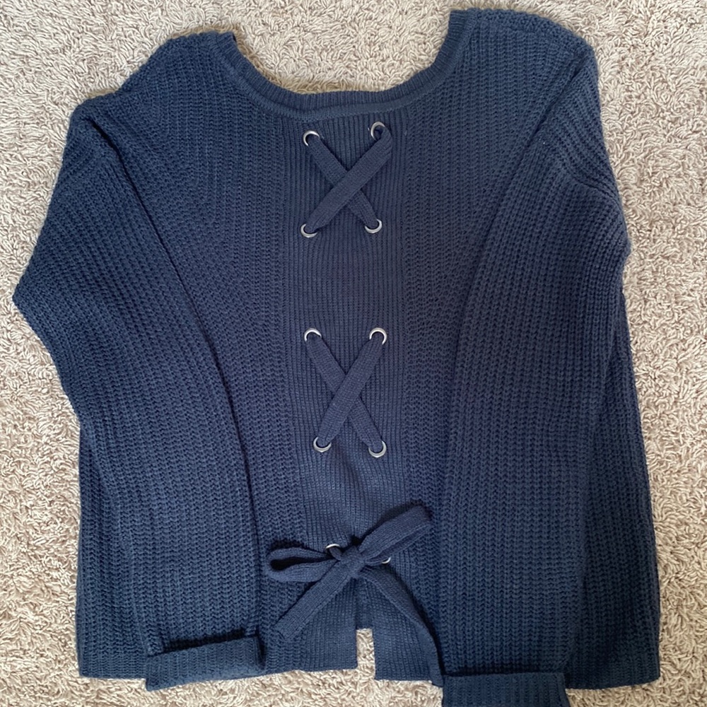 Jun & Ivy light weight, tie back navy blue sweater in small (runs large)